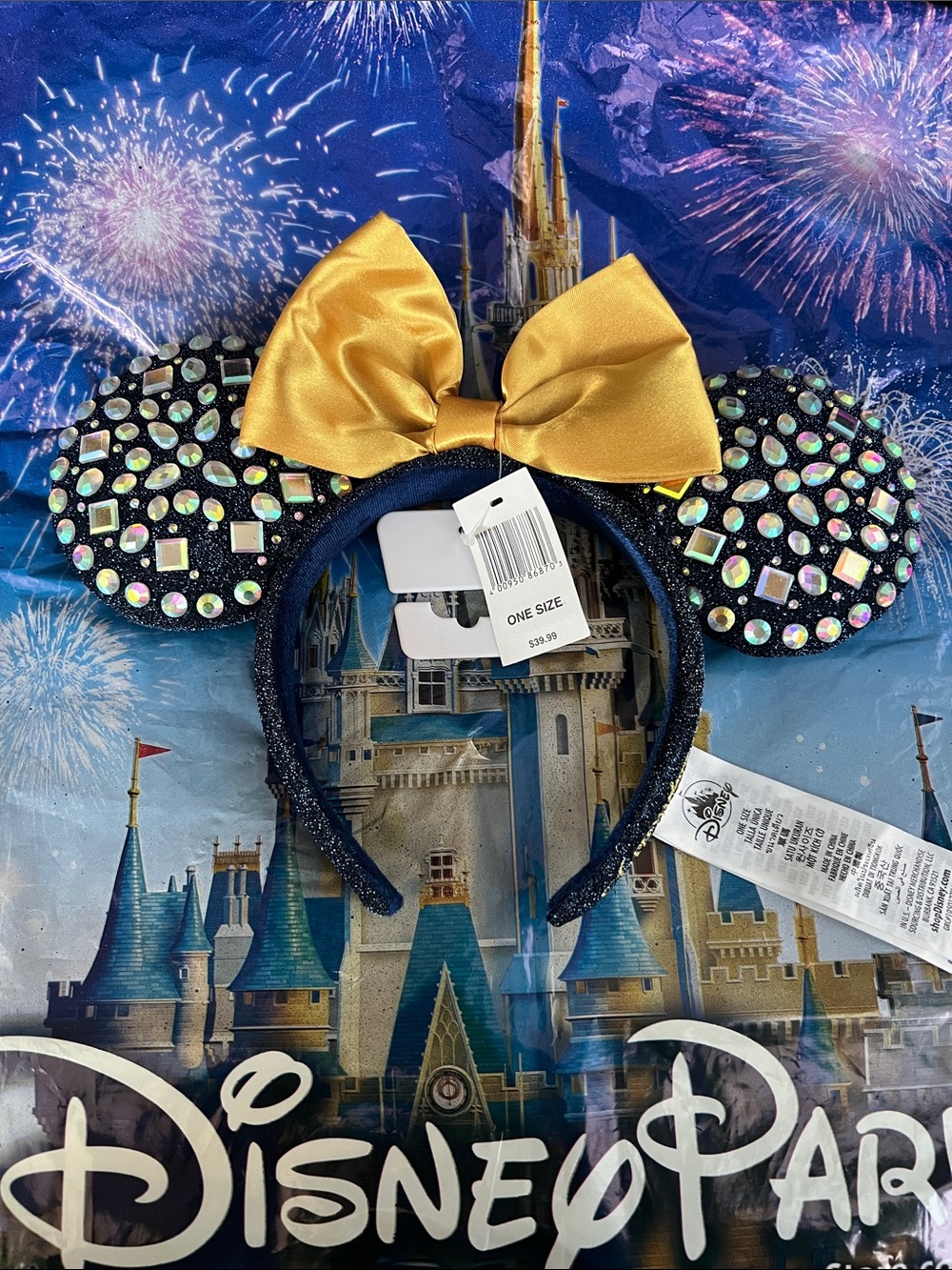 Disney Black Iridescent Minnie Ears Headband with Gold Bow